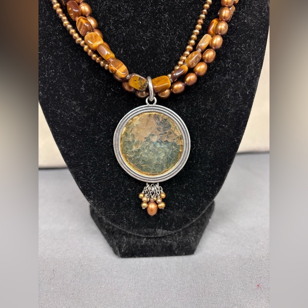 Silpada Multi-strand Tiger's Eye and Bonze Pearl Necklace w/ Brass Pendant N1838 - Picture 2 of 4